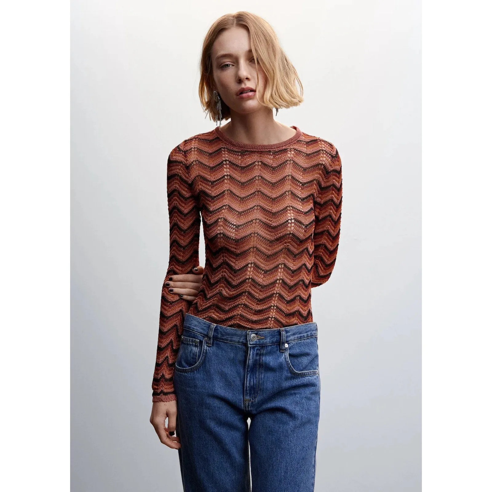 Mango Brown Multicolor Metallic Openwork Knit Long Sleeve Sheer Sweater Top  S