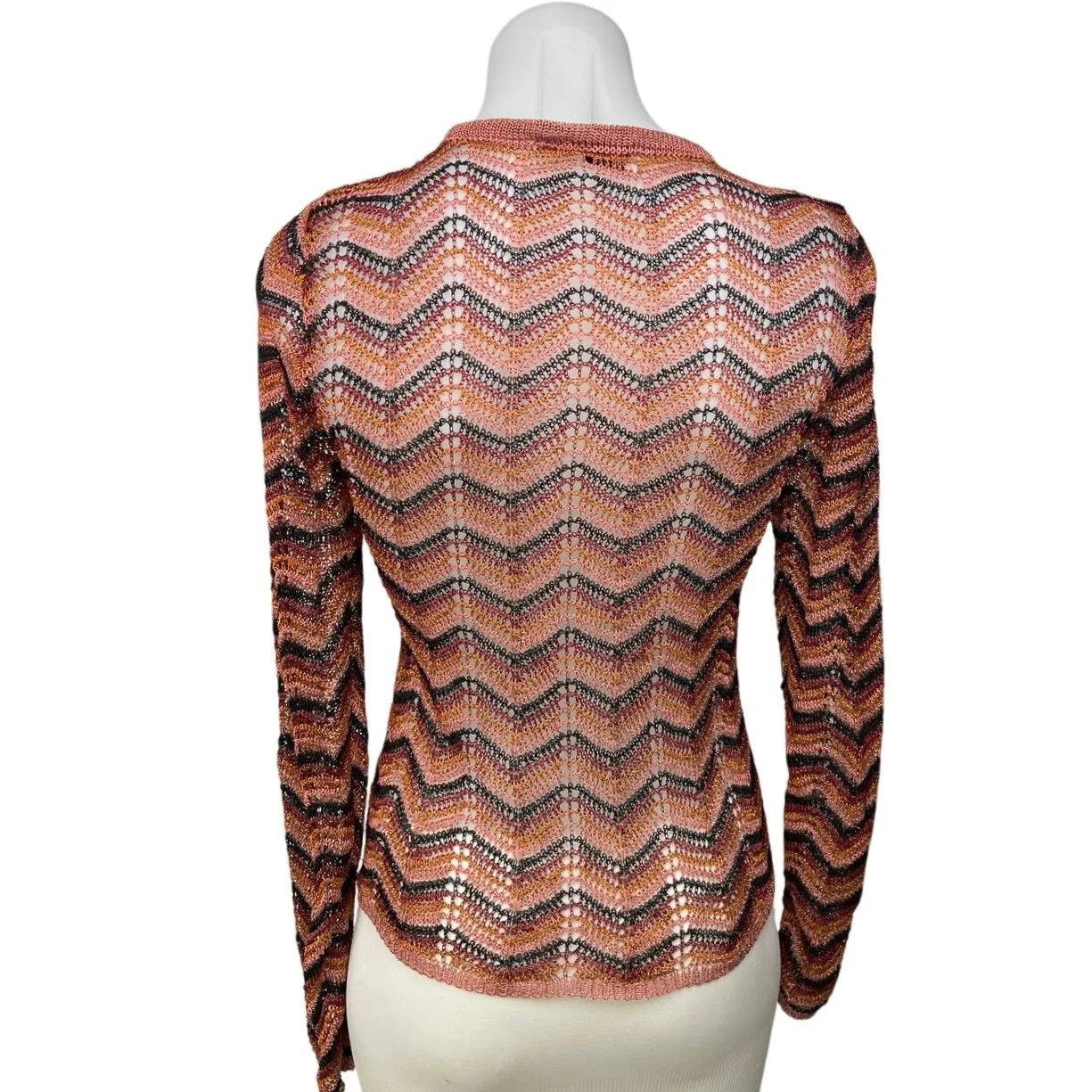 Mango Brown Multicolor Metallic Openwork Knit Long Sleeve Sheer Sweater Top  S