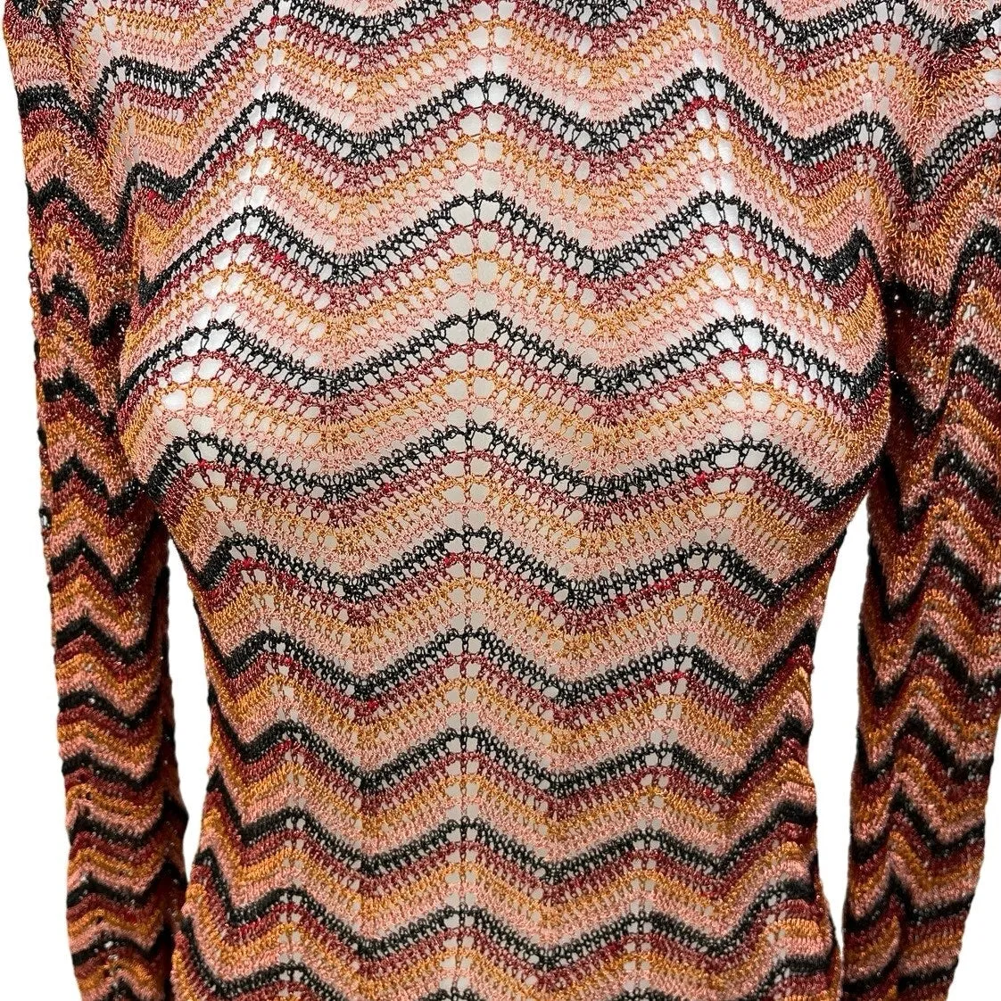 Mango Brown Multicolor Metallic Openwork Knit Long Sleeve Sheer Sweater Top  S