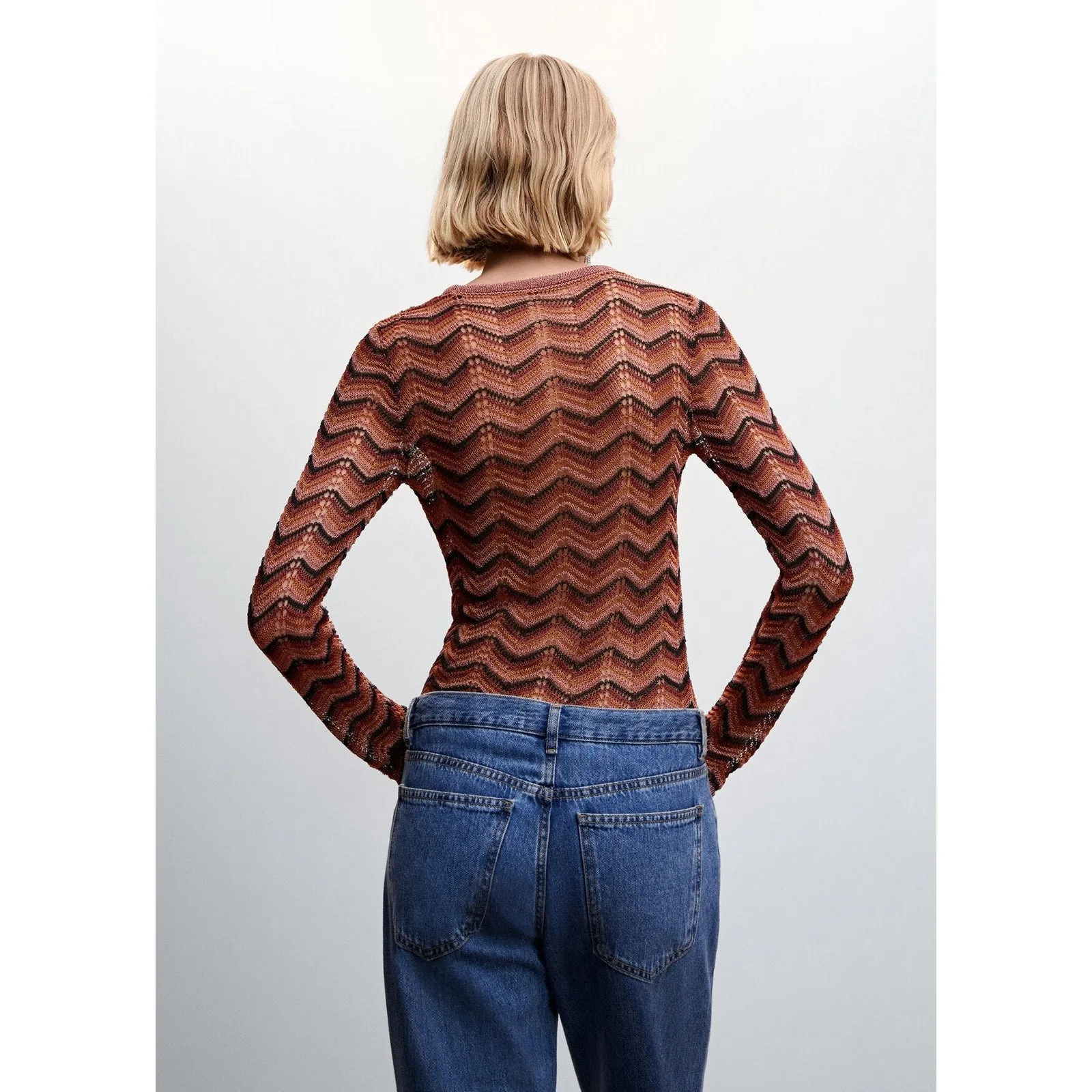 Mango Brown Multicolor Metallic Openwork Knit Long Sleeve Sheer Sweater Top  S