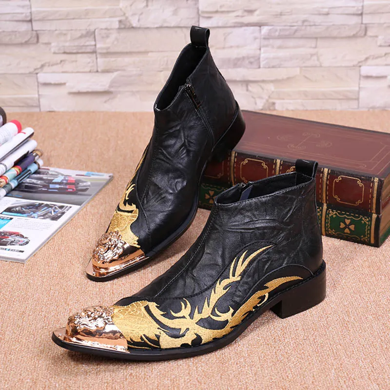 Men's Embroidered Designer Leather Metal Toe Zipper Short Ankle Boots