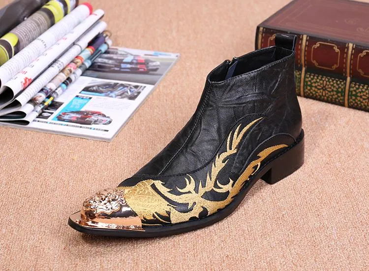 Men's Embroidered Designer Leather Metal Toe Zipper Short Ankle Boots