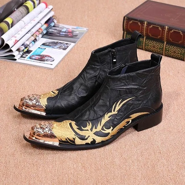 Men's Embroidered Designer Leather Metal Toe Zipper Short Ankle Boots