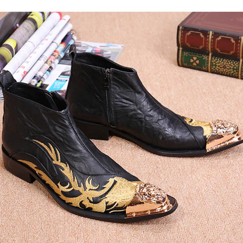 Men's Embroidered Designer Leather Metal Toe Zipper Short Ankle Boots