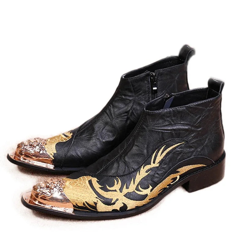 Men's Embroidered Designer Leather Metal Toe Zipper Short Ankle Boots