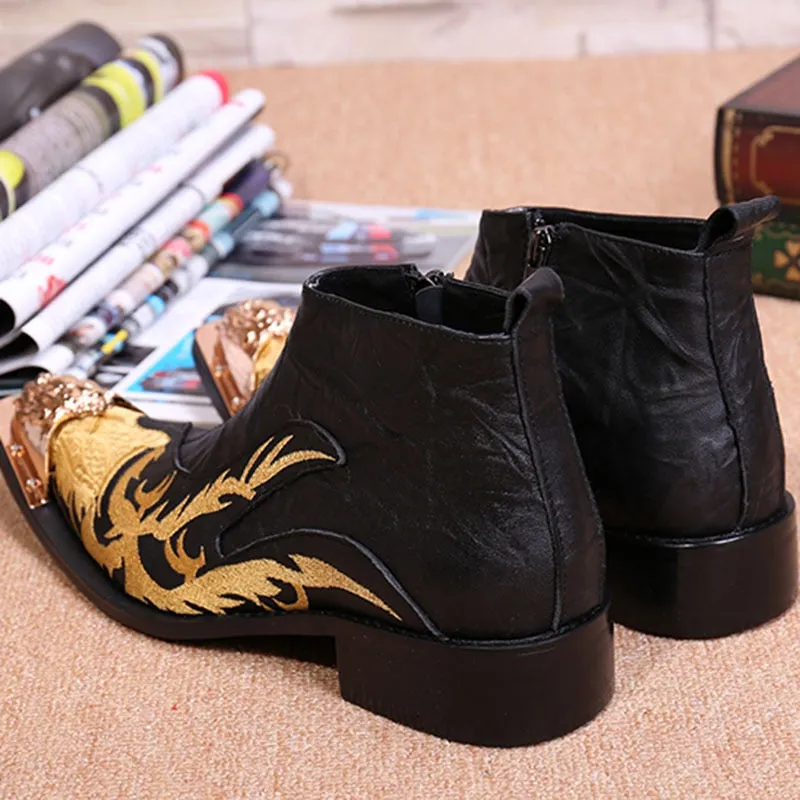 Men's Embroidered Designer Leather Metal Toe Zipper Short Ankle Boots