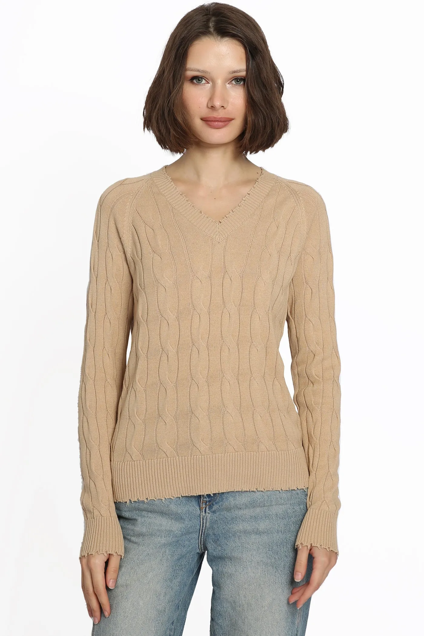 Minnie Rose Cotton Frayed Cable V Sweater