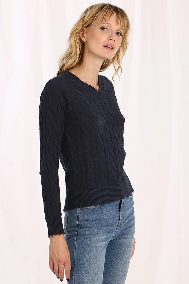 Minnie Rose Cotton Frayed Cable V Sweater