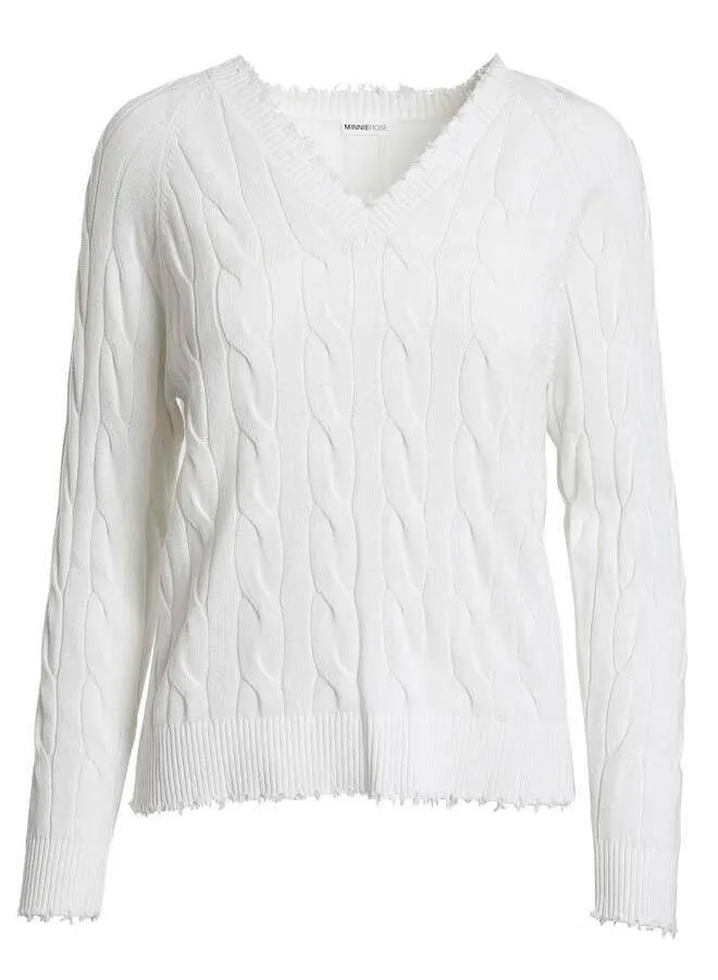 Minnie Rose Cotton Frayed Cable V Sweater