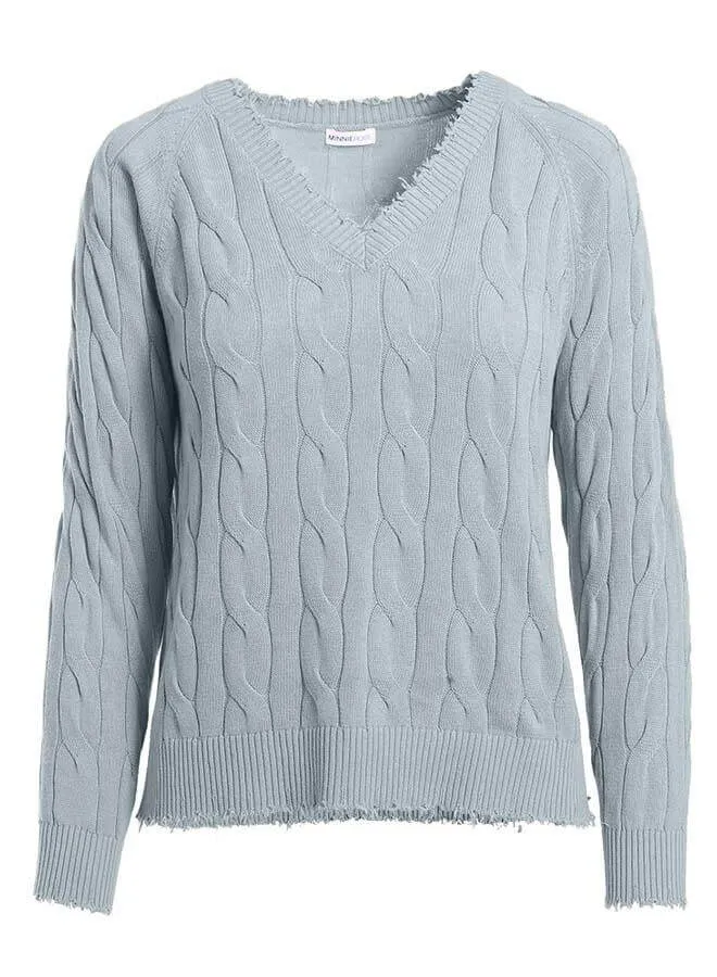 Minnie Rose Cotton Frayed Cable V Sweater