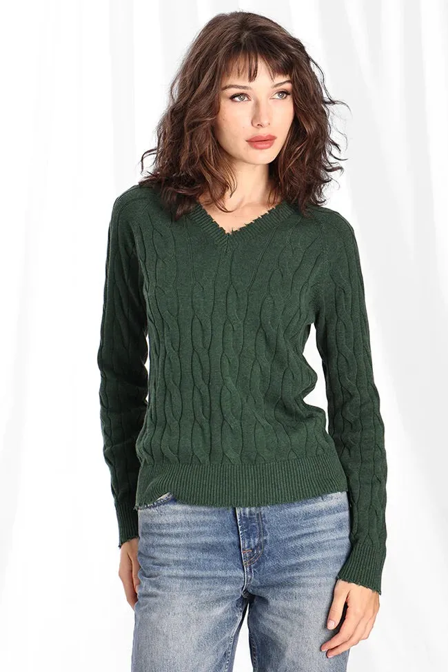 Minnie Rose Cotton Frayed Cable V Sweater