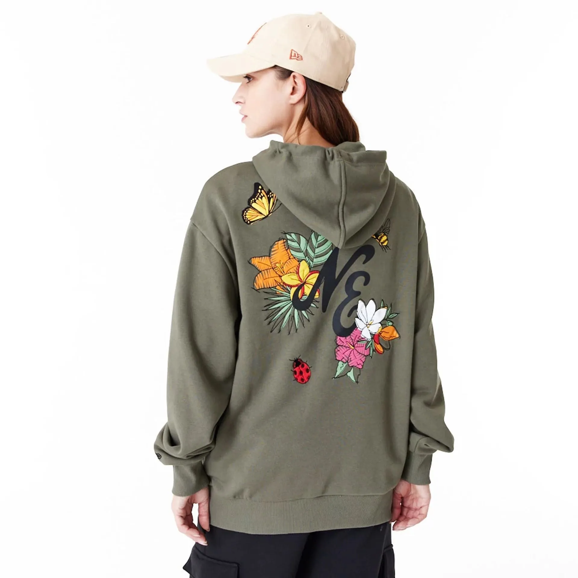 New Era Floral Graphic Green Oversized Pullover Hoodie