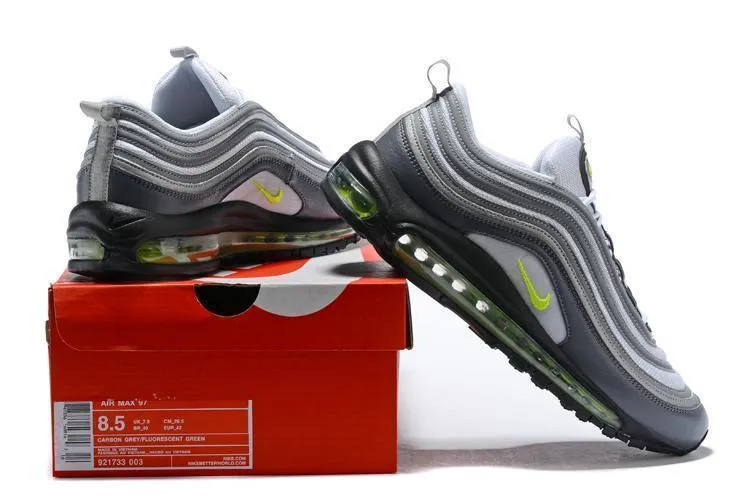 Nike Air Max 97 Carbon Grey Fludredsent Green Shoes Sale Men Size US 7, 8, 8.5, 9, 10, 11