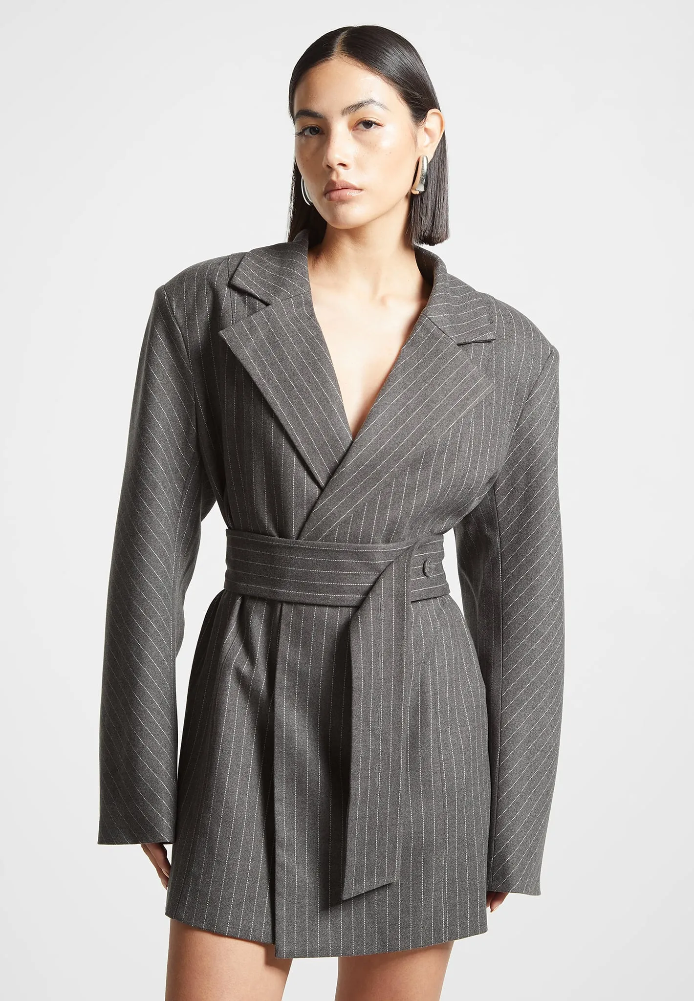 Oversized Pinstripe Blazer Dress - Grey