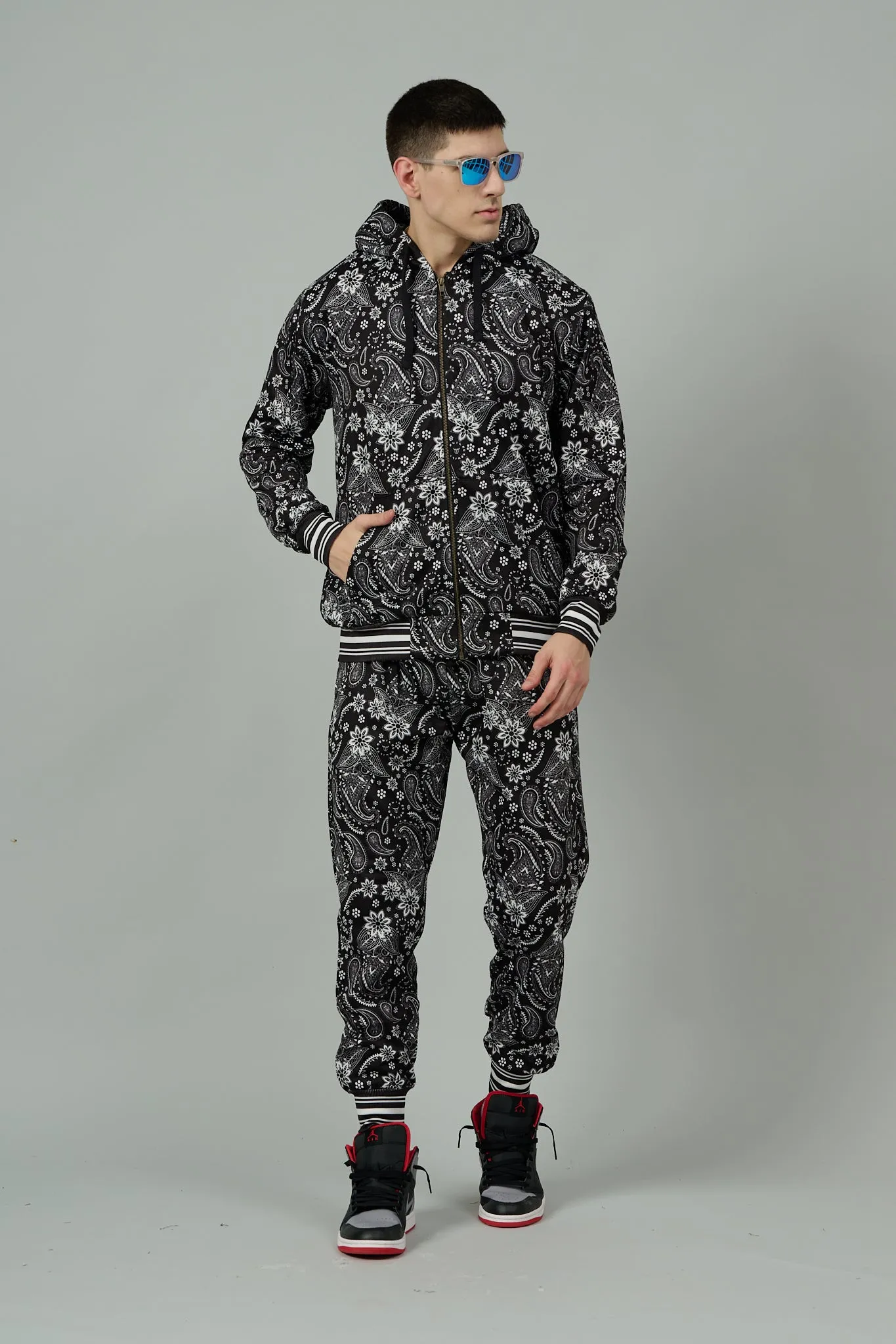 Paisley Design Printed Black Hoodie for Men