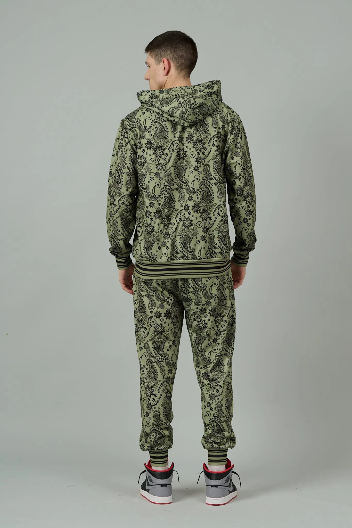 Paisley Design Printed Green Zipper Hoodie for Men