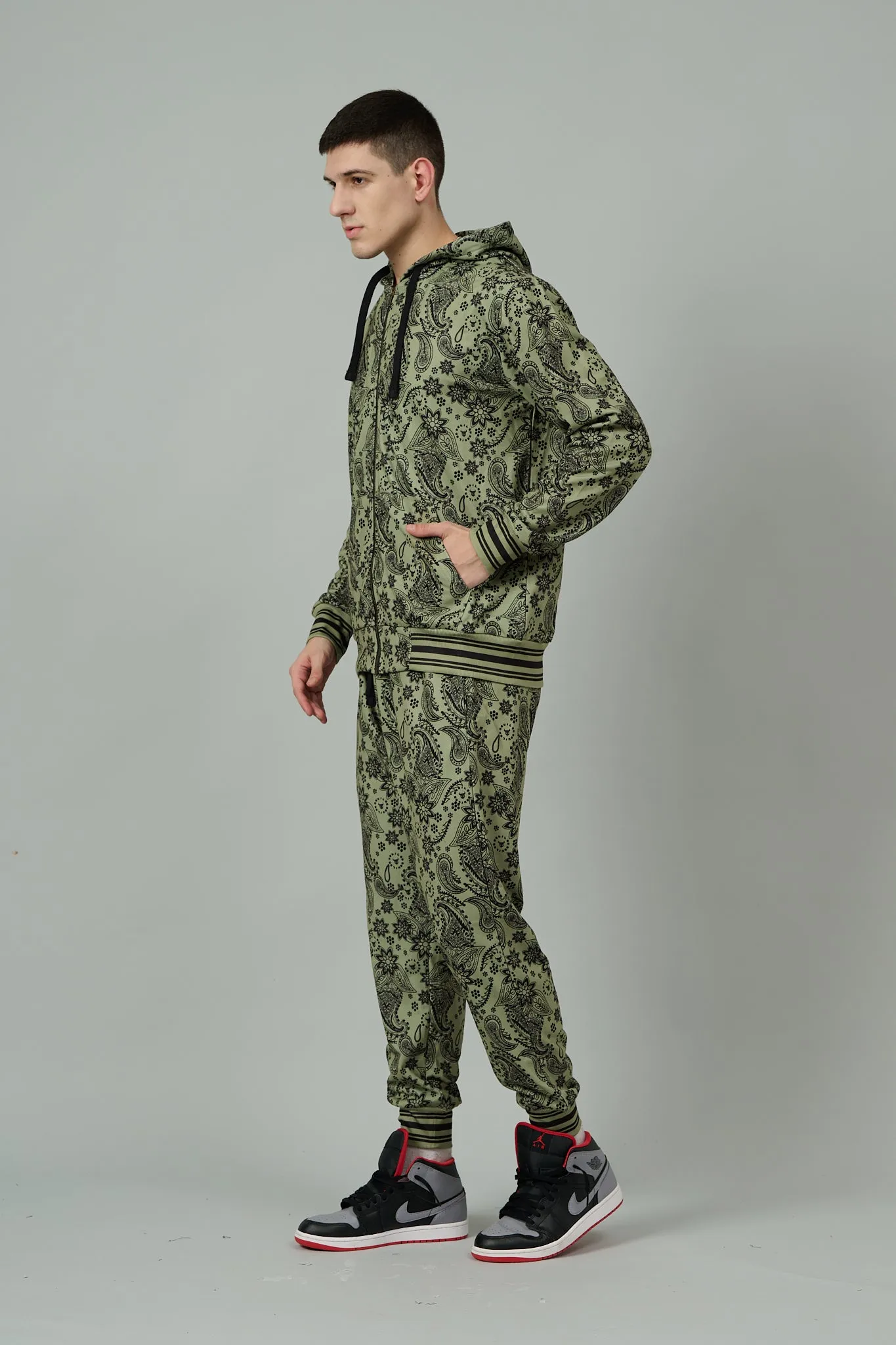 Paisley Design Printed Green Zipper Hoodie for Men