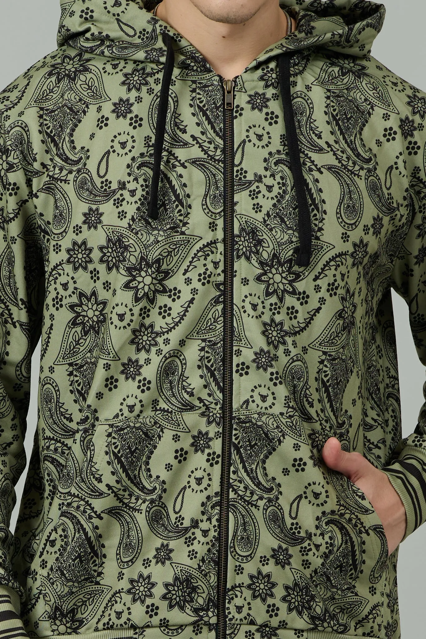 Paisley Design Printed Green Zipper Hoodie for Men