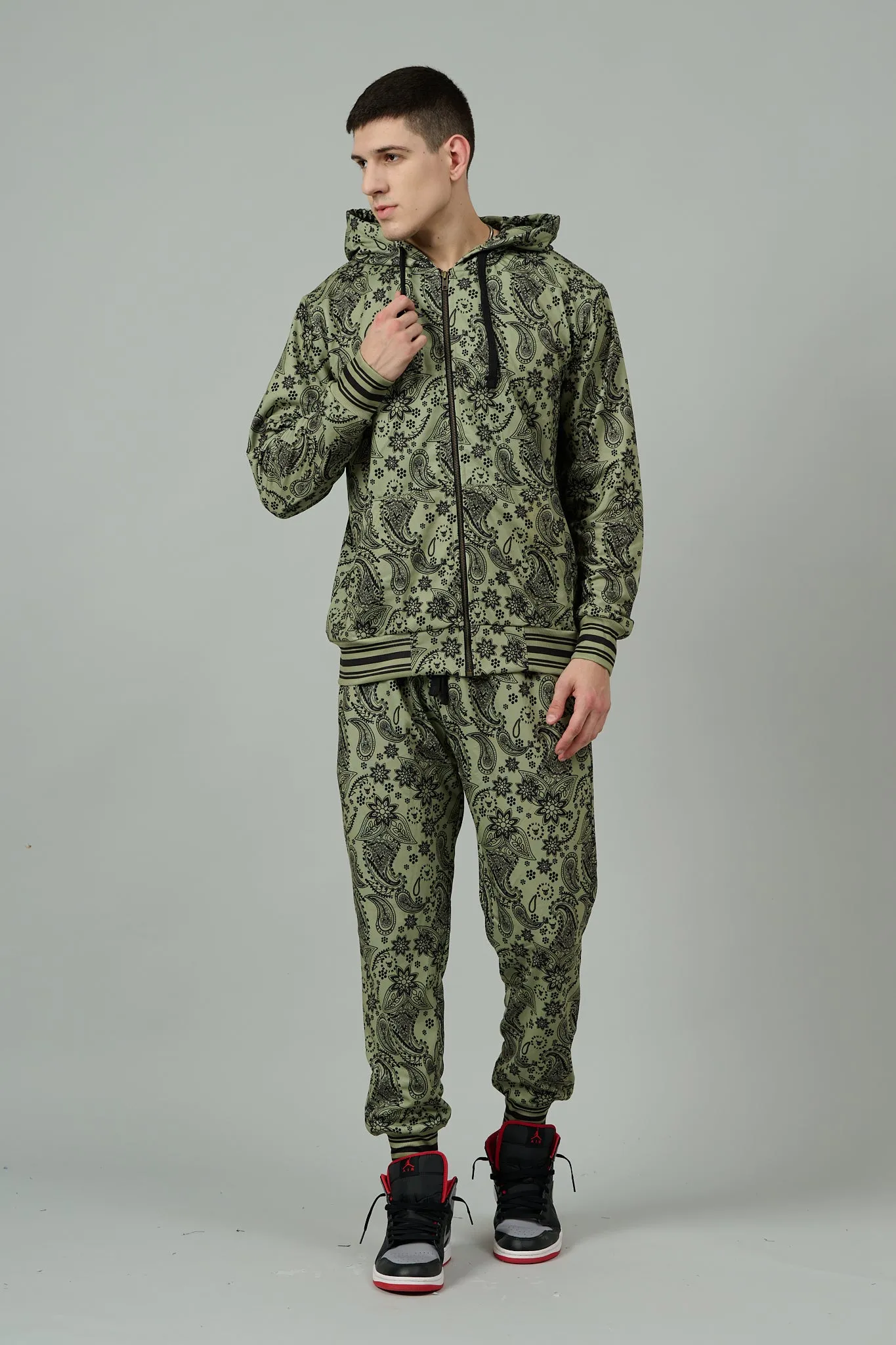 Paisley Design Printed Green Zipper Hoodie for Men