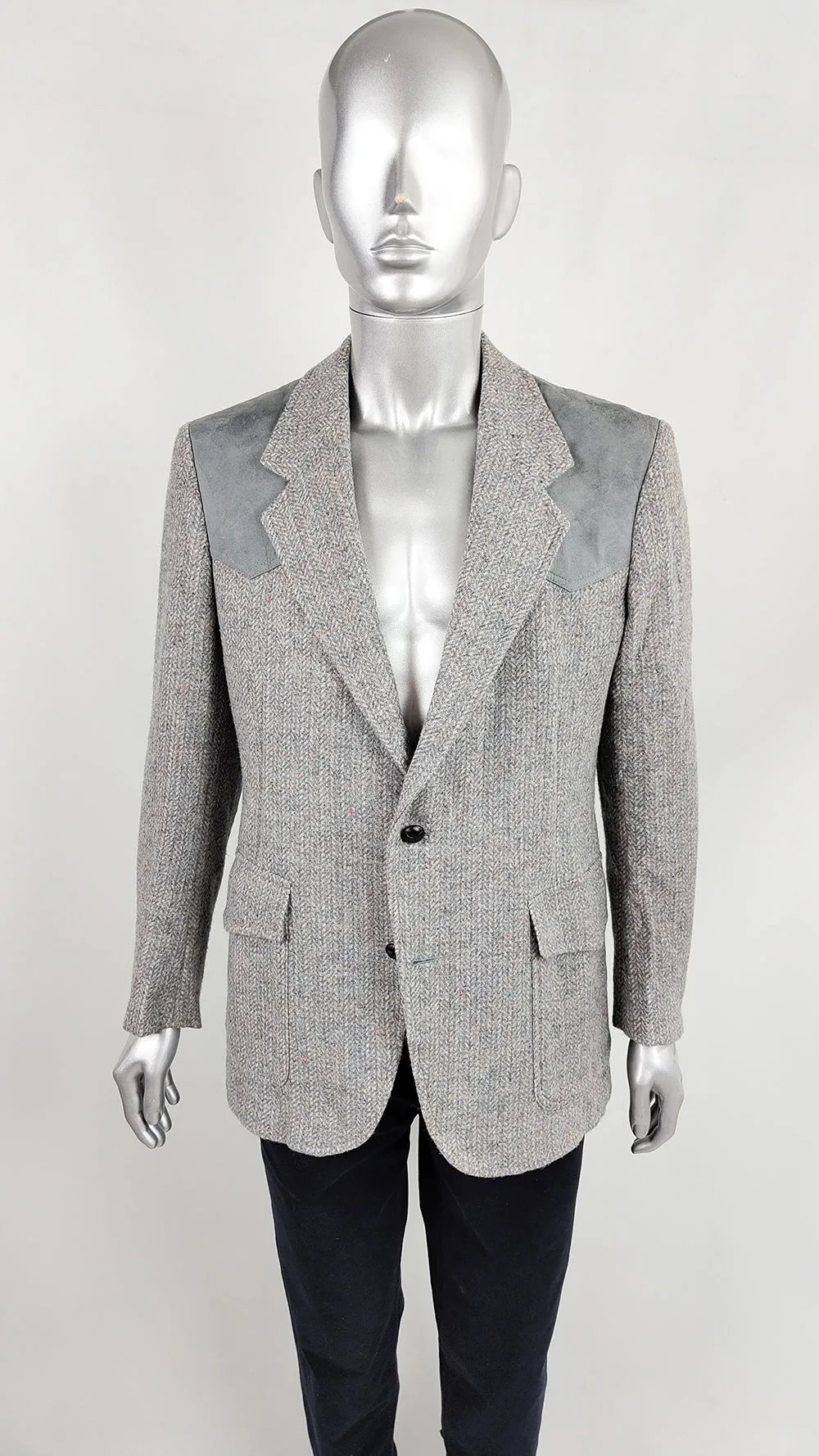 Pendleton Vintage Mens Grey Herringbone Tweed & Suede Blazer, 1970s