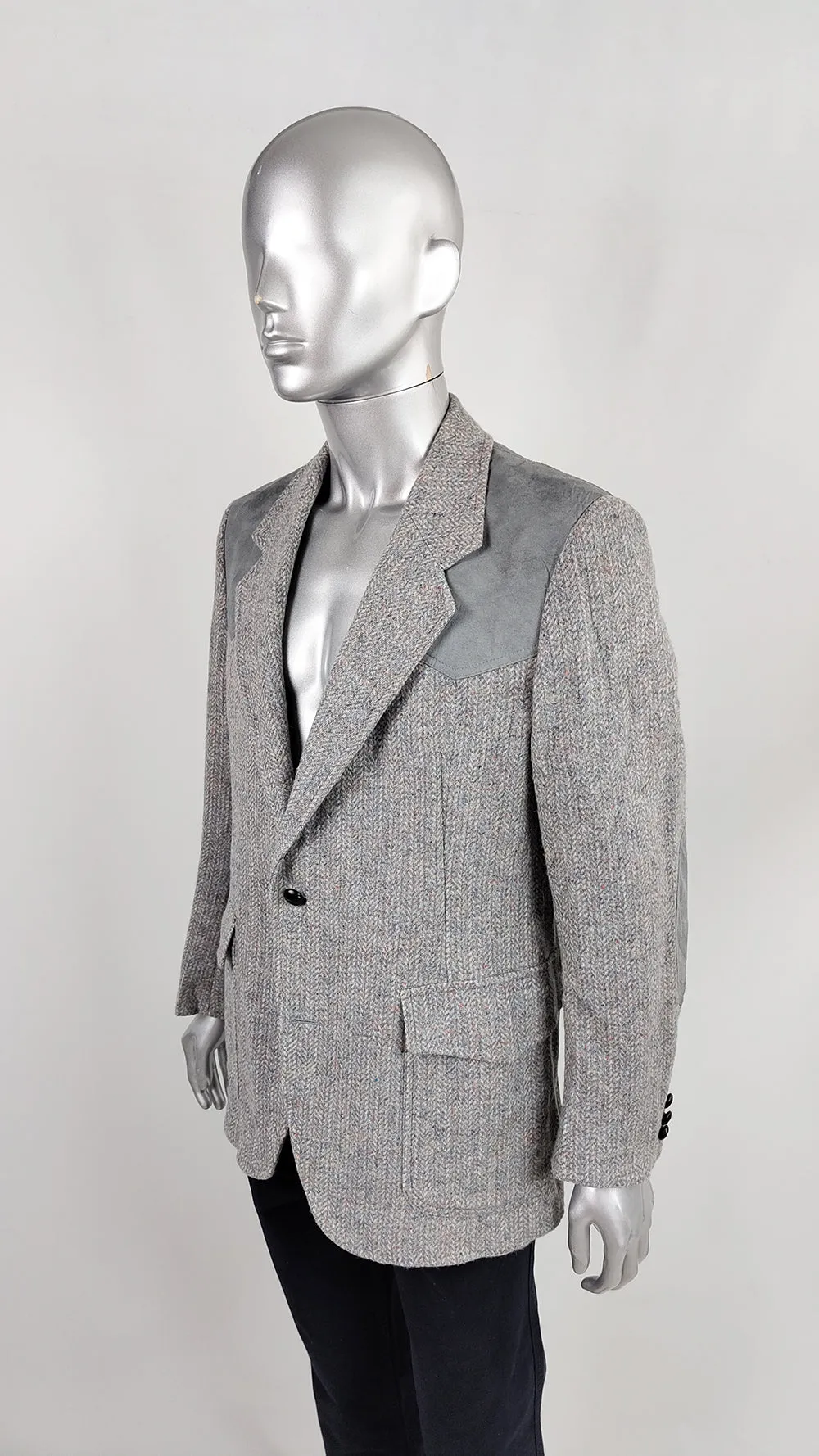 Pendleton Vintage Mens Grey Herringbone Tweed & Suede Blazer, 1970s