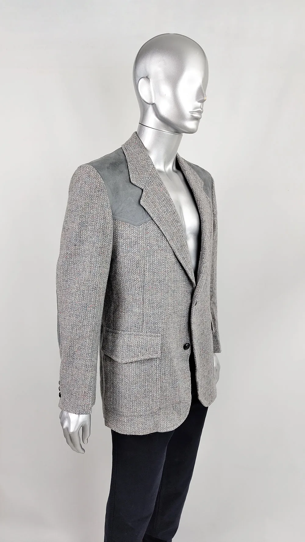 Pendleton Vintage Mens Grey Herringbone Tweed & Suede Blazer, 1970s