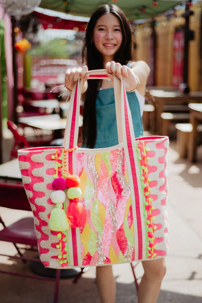 Pink/Yellow/Champagne Sequin & Beaded Canvas Tote Bag