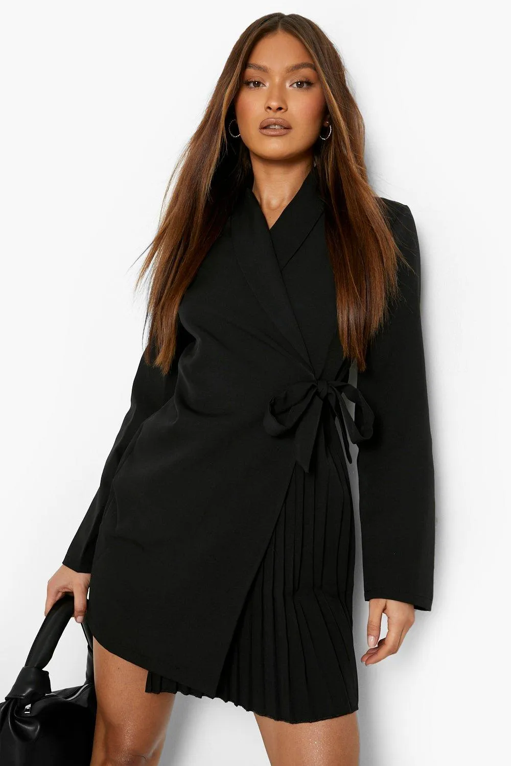 Pleated Wrap Front Tailored Blazer Dress