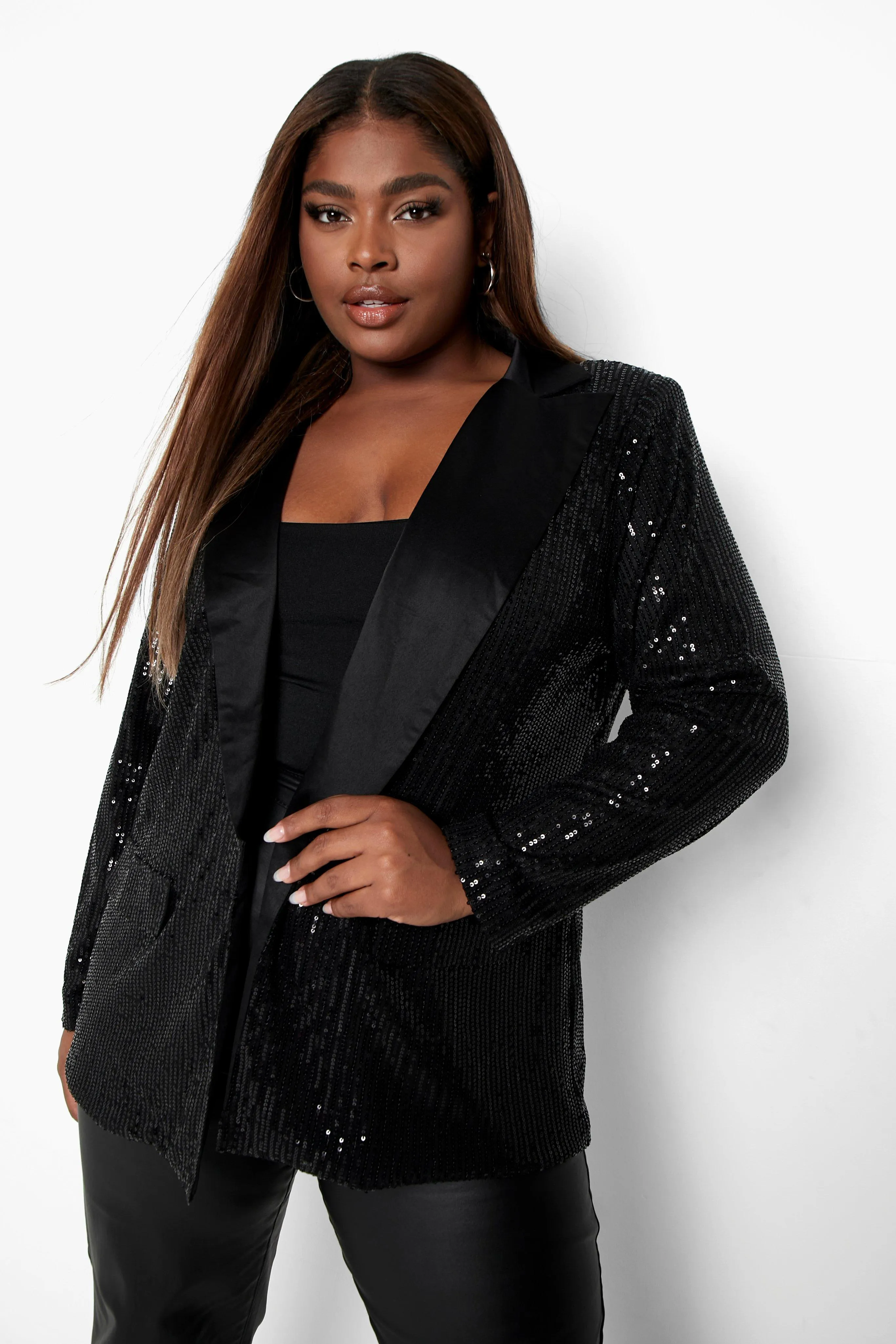 Plus Contrast Lapel Sequin Blazer