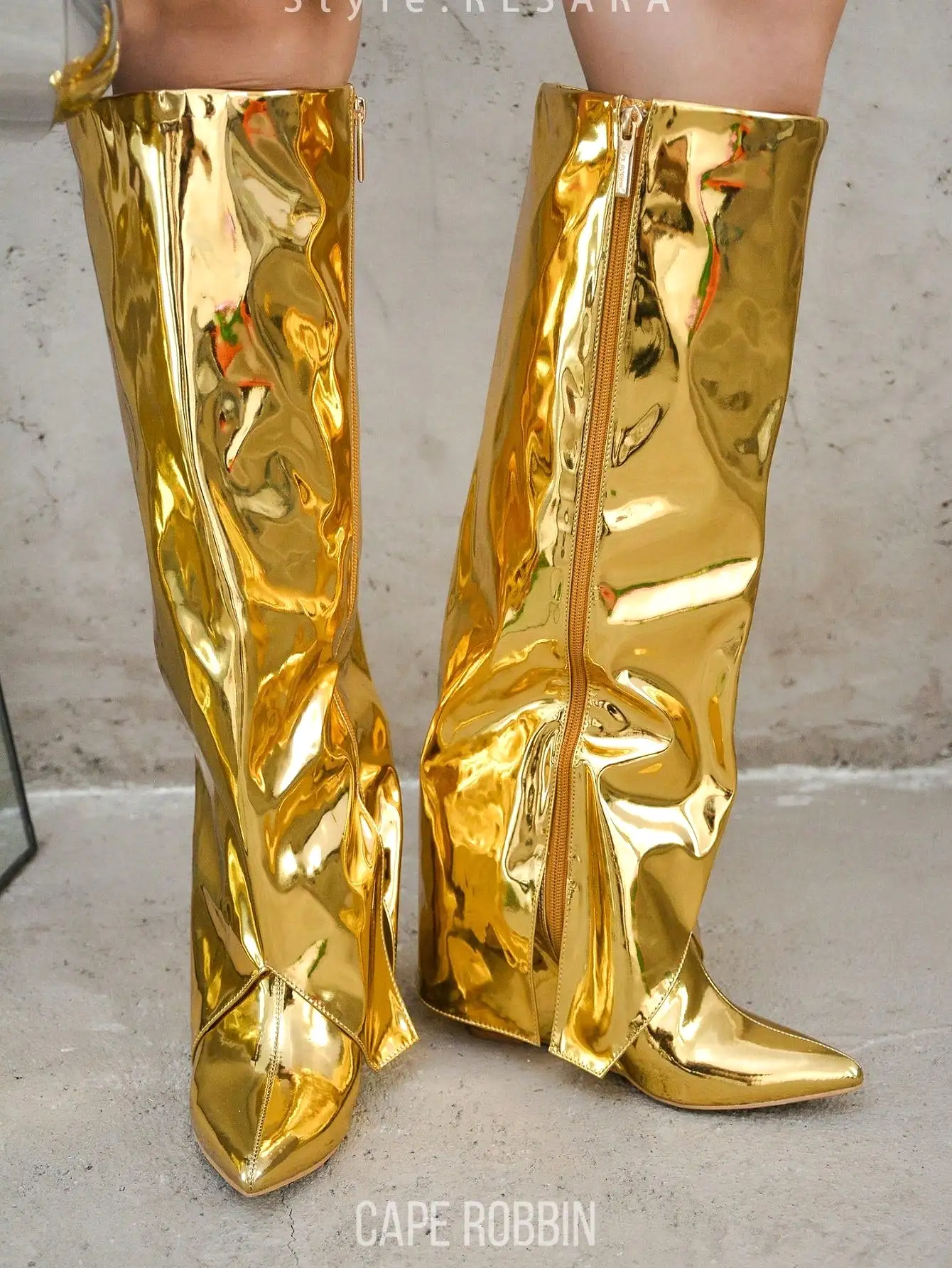 Pointy Toe Metallic Knee-High Boots