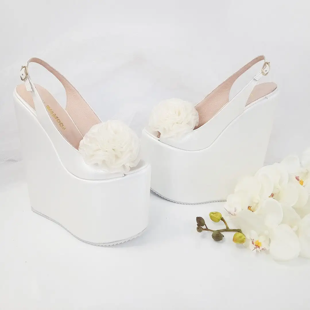 Pompom Ivory White Pee Toe Platform Wedge Bridal Shoes