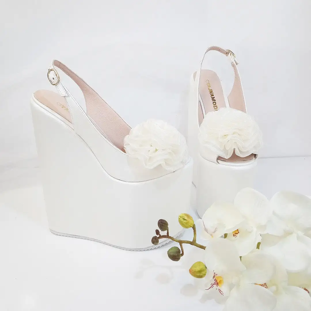 Pompom Ivory White Pee Toe Platform Wedge Bridal Shoes