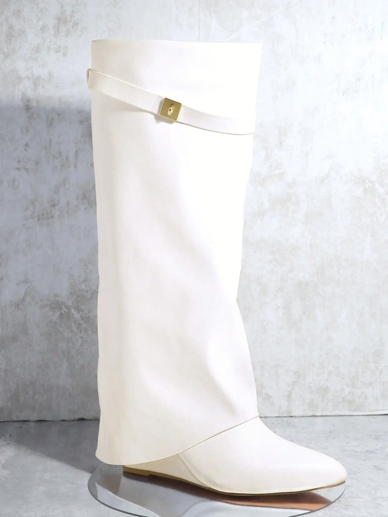 PU Leather Slip On Buckle Heeled Boots