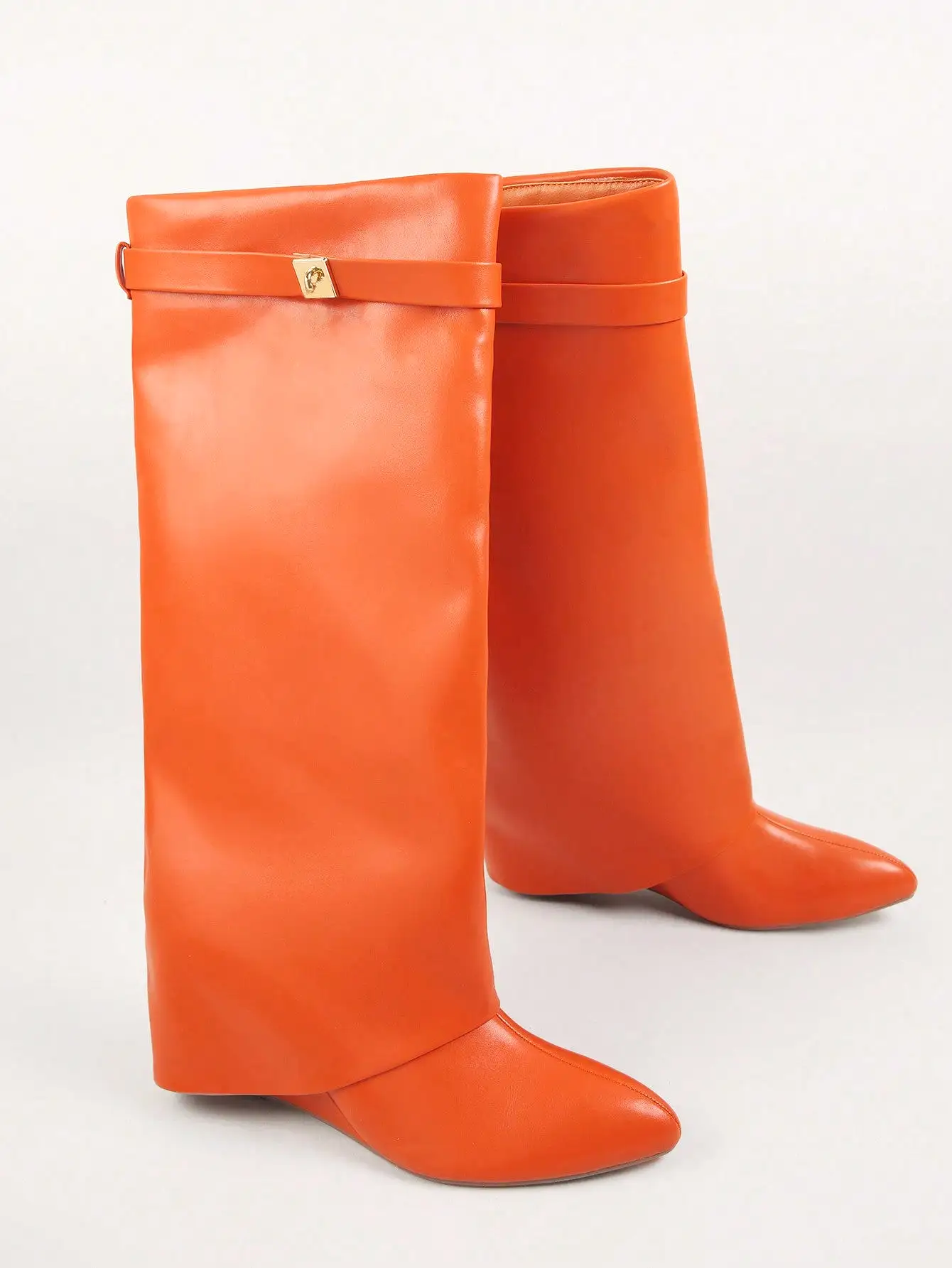 PU Leather Slip On Buckle Heeled Boots