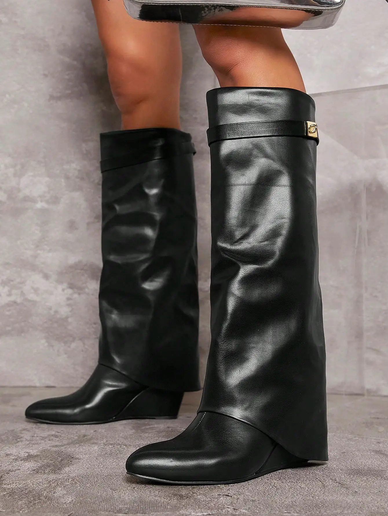 PU Leather Slip On Buckle Heeled Boots