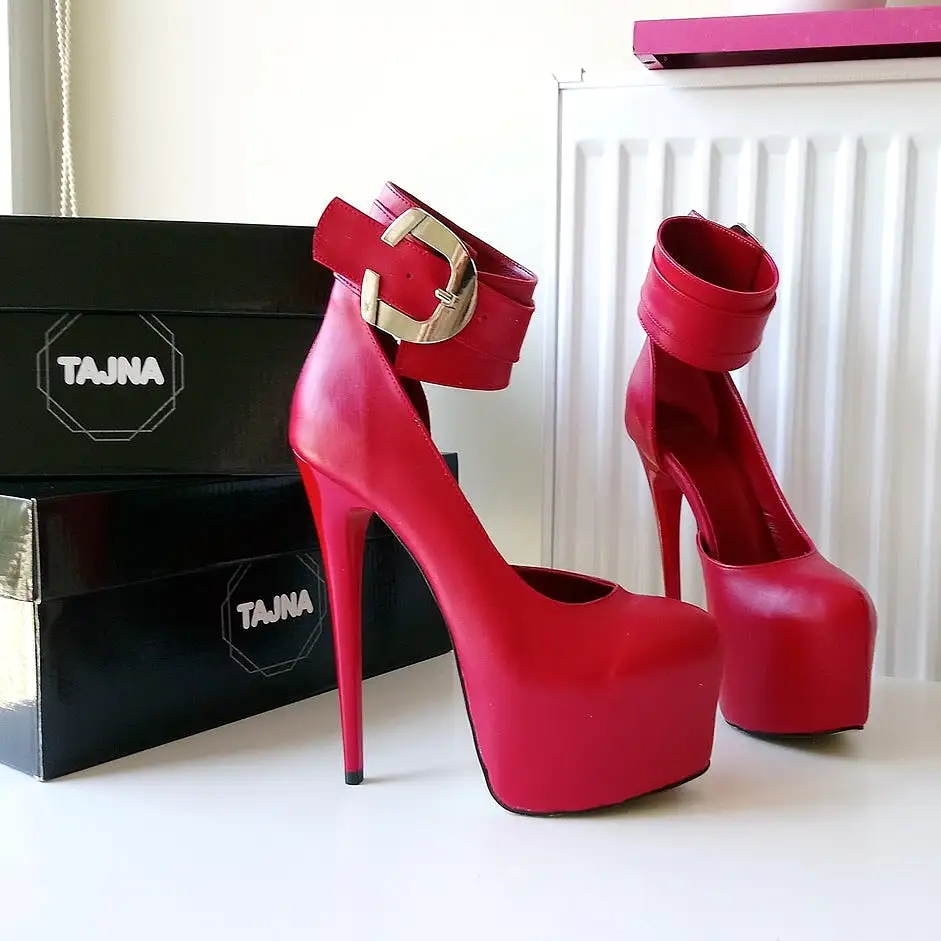 Red Belted Ankle Strap Platform Shoes