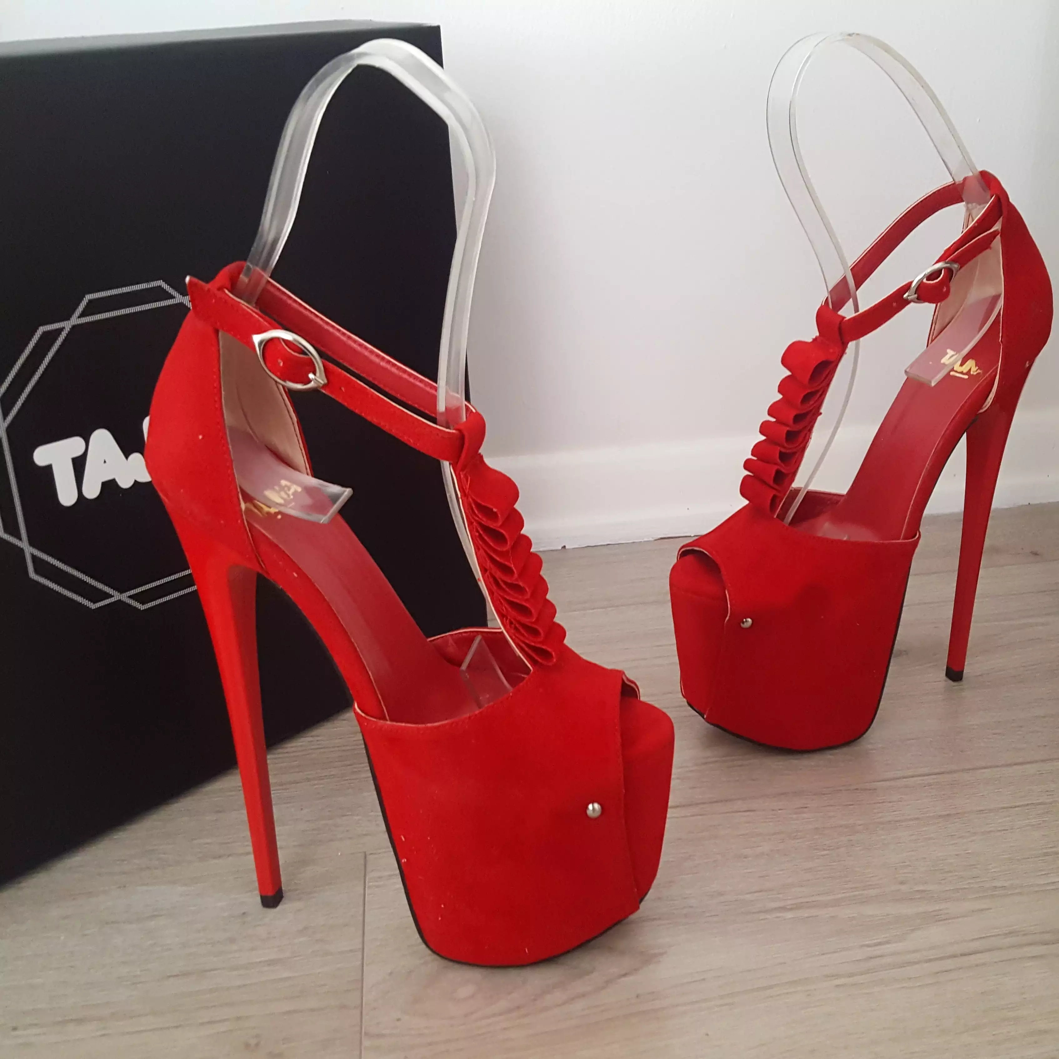 Red Multi Ribbon High Heel Platform Shoes