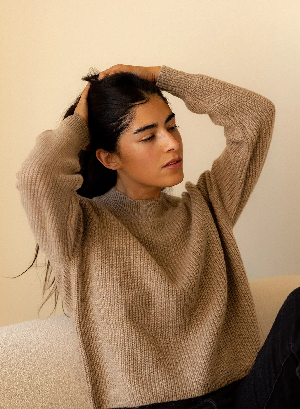 Ribbed Cashmere Tall Collar Sweater in Camel