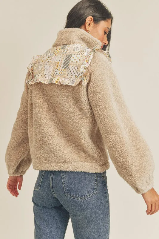 Ruffle Flounce Fluffy Half Zip Sweater - Taupe