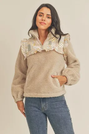 Ruffle Flounce Fluffy Half Zip Sweater - Taupe