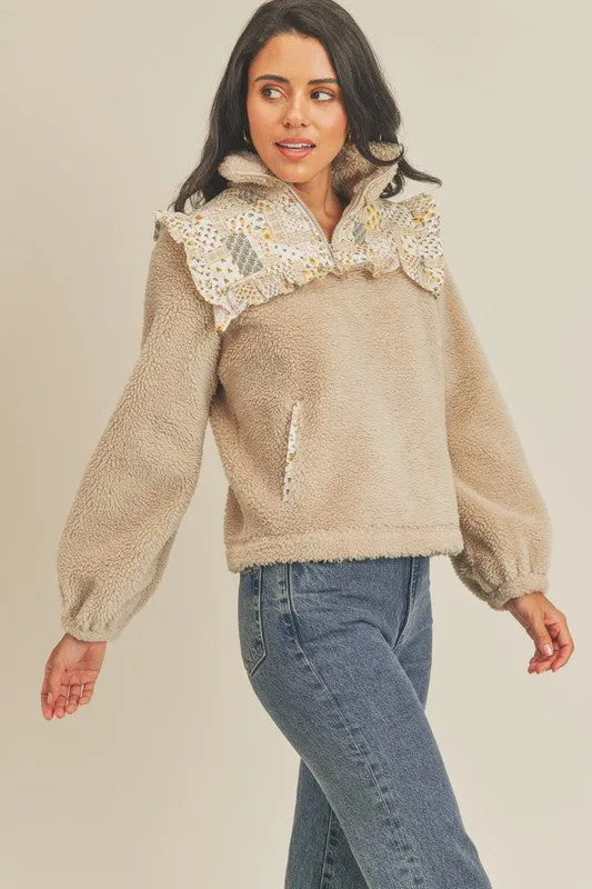 Ruffle Flounce Fluffy Half Zip Sweater - Taupe