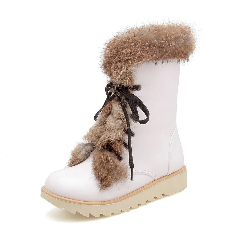 Sexy Pink Winter Snow Warm Fur Round Toe Ankle Boots for Women