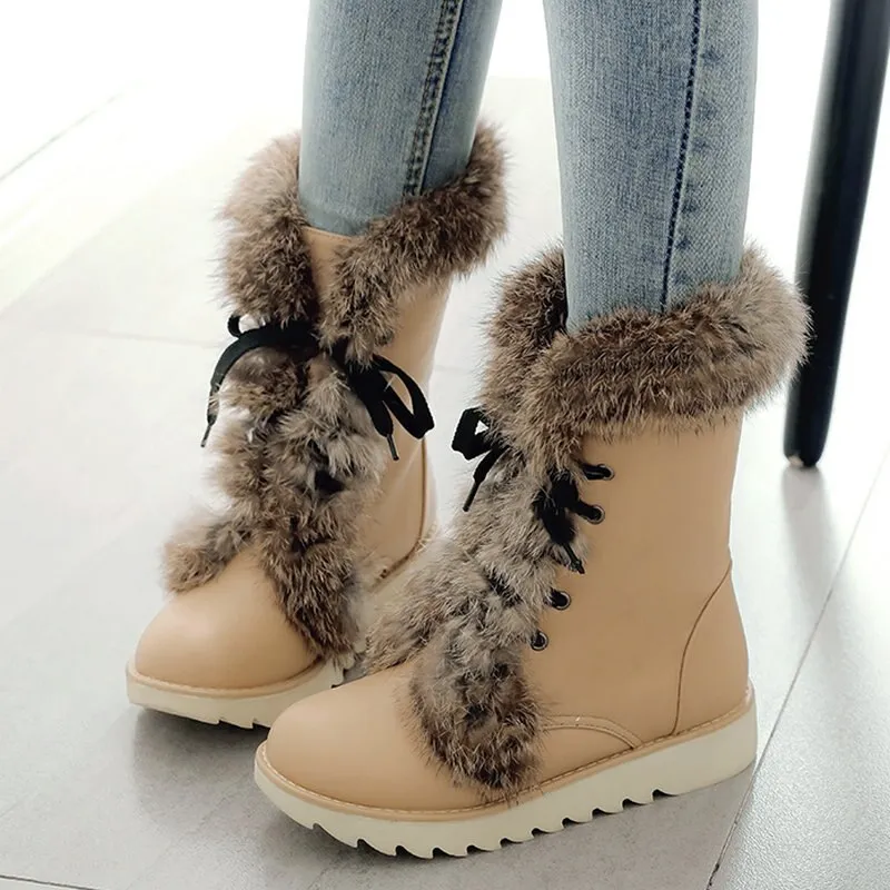 Sexy Pink Winter Snow Warm Fur Round Toe Ankle Boots for Women