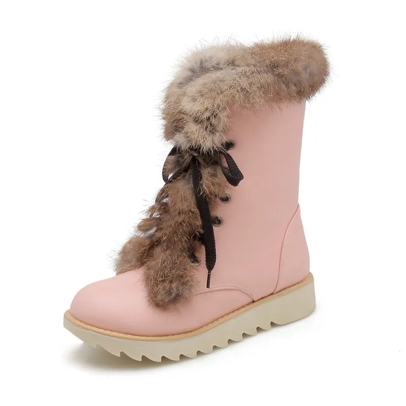 Sexy Pink Winter Snow Warm Fur Round Toe Ankle Boots for Women