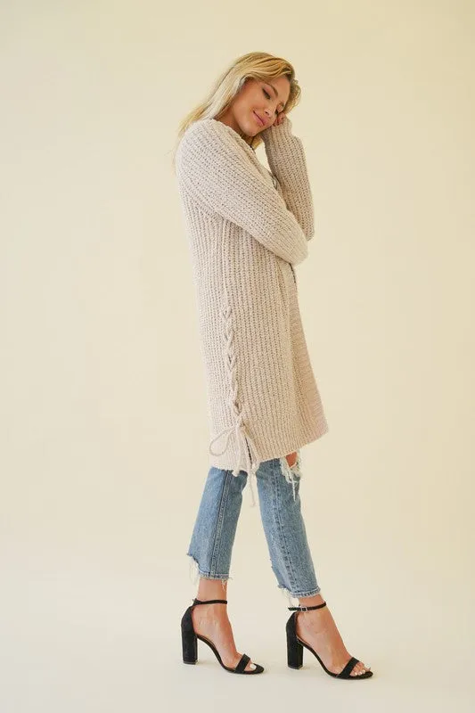 Side Slit Eyelet Twisted Open Sweater Cardigan