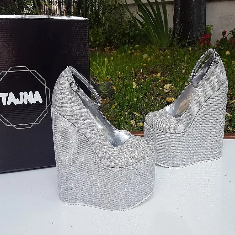 Silver Shiny Ankle Strap Wedge Platform Shoes