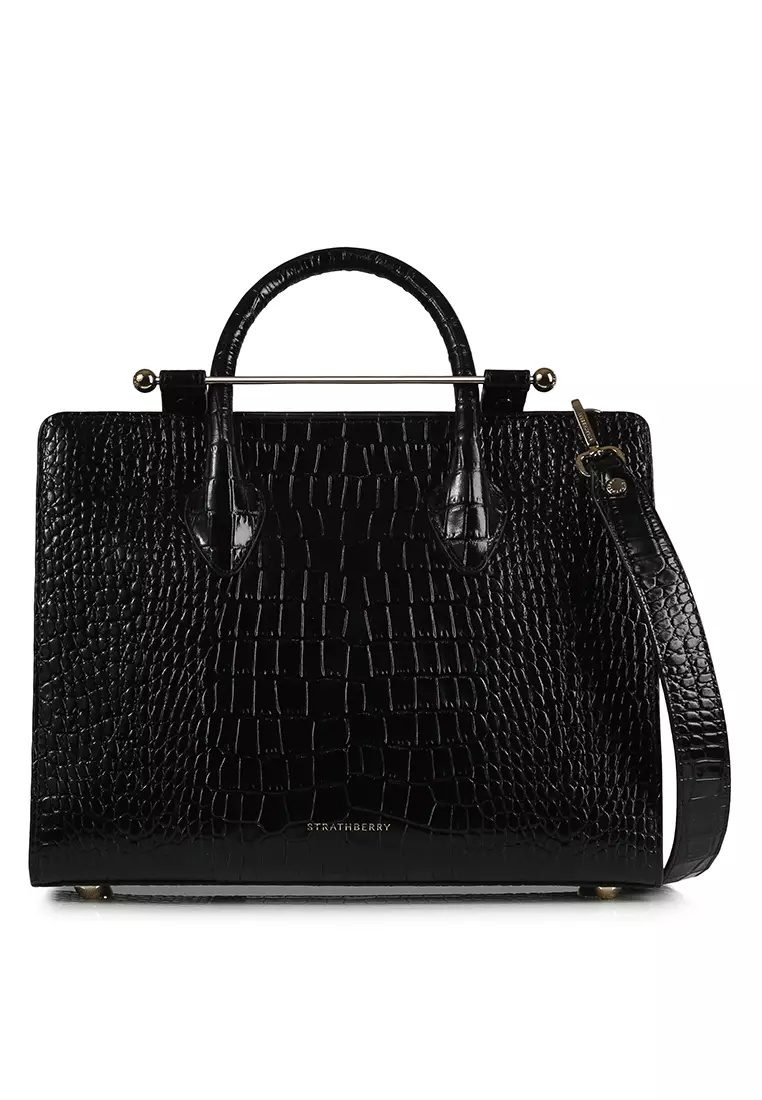 Strathberry THE STRATHBERRY MIDI TOTE BAG - CROC EMBOSSED BLACK