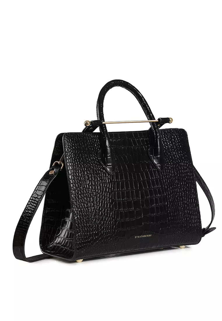 Strathberry THE STRATHBERRY MIDI TOTE BAG - CROC EMBOSSED BLACK