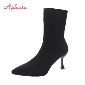 Stretch Fabric Socks Boots Women Black Shoes Elegant Pointed Toe Knitting Elastic Ankle Boots for Women