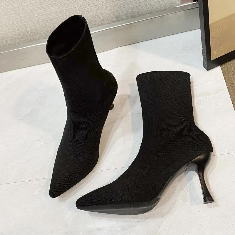 Stretch Fabric Socks Boots Women Black Shoes Elegant Pointed Toe Knitting Elastic Ankle Boots for Women